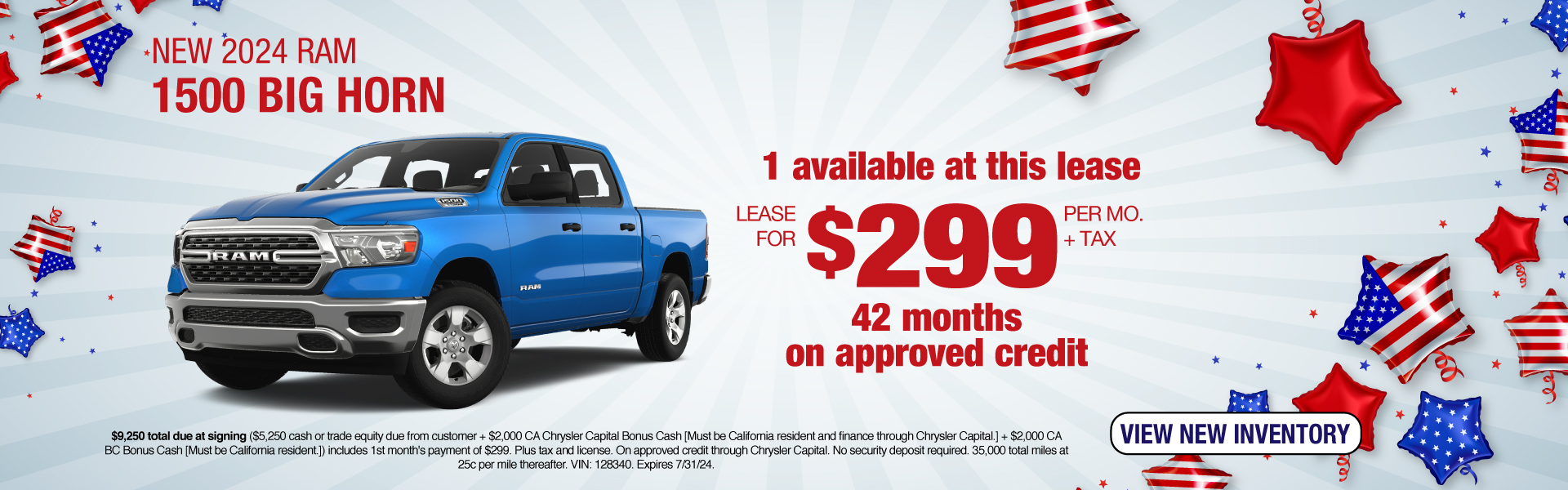 Lease a New 2024 RAM 1500 Big Horn for $299 per month + tax for 42 months on approved credit! Expires 7/31/24.