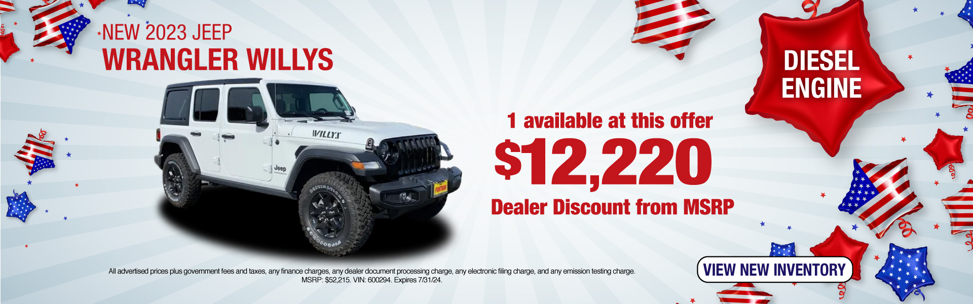 Get a New 2023 Jeep Wrangler Willys with a $12,220 Dealer Discount from MSRP! Expires 7/31/24.