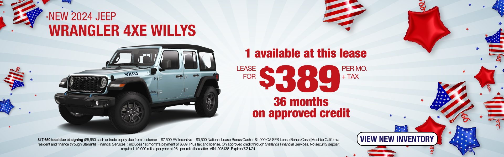 Get a New 2024 Jeep Wrangler 4xe Willys lease for $389 per mo. + tax for 36 months on approved credit! Expires 7/31/24.
